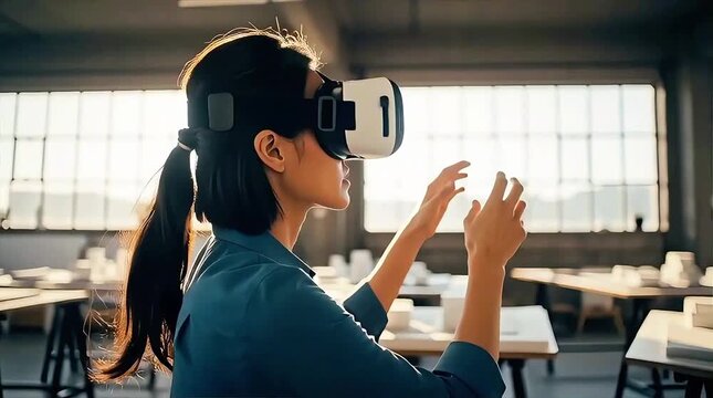 Asian architect designing structure using virtual reality headset