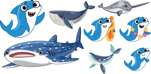 Cute Cartoon Sea Animals Illustration Set with Whale Shark and Narwhal © Haider