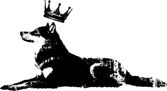 Regal wolf with crown in high contrast black and white ink design for artistic and vintage projects