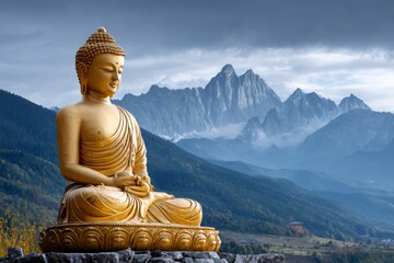 Fototapeta premium Golden buddha statue meditating in a serene mountain landscape