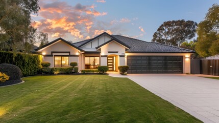 Obraz premium A modern house features a well-manicured lawn and landscaped garden at sunset