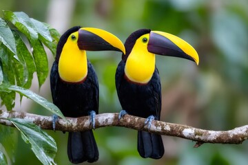 Fototapeta premium Pair of yellow throated toucans perching on branch in rainforest