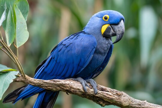 Hyacinth macaw perching on a branch in nature