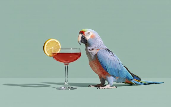 Charming grey parrot standing beside a cocktail glass garnished with lemon slice on a light green seamless background