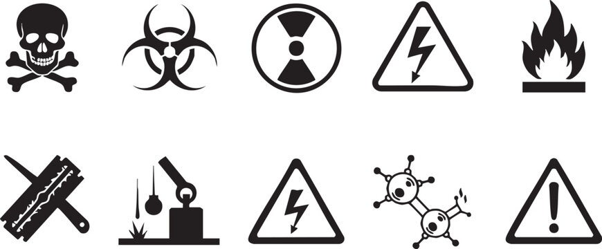 A collection of hazardous warning signs and symbols used for safety and caution