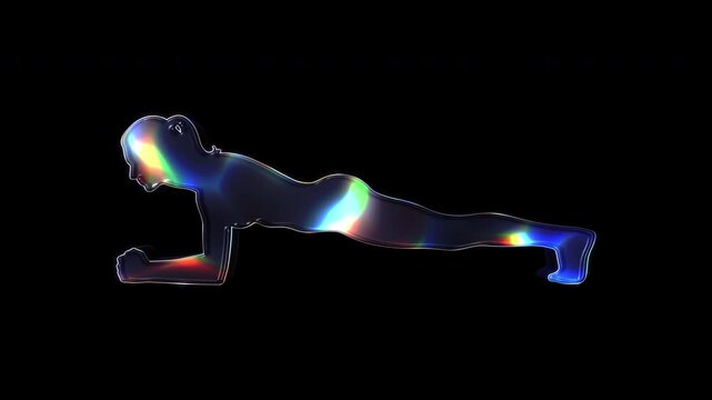 A plank woman shimmering with various colored lights on a glass-like surface with an alpha channel. Seamless loop video.