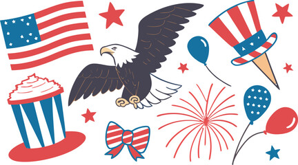 Obraz premium 4th of July Sublimation Clipart SVG Bundle. Large 4th of July clipart bundle illustration, patriotic USA themed elements arranged in a collage layout, vibrant red white and blue color palette,