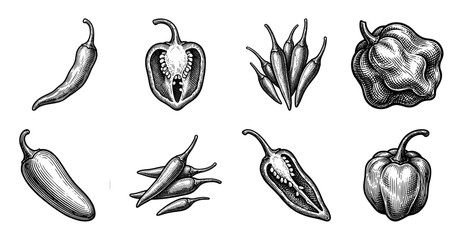 Vintage woodcut illustration of chili pepper varieties including habanero jalapeno and bell pepper in black and white engraving style