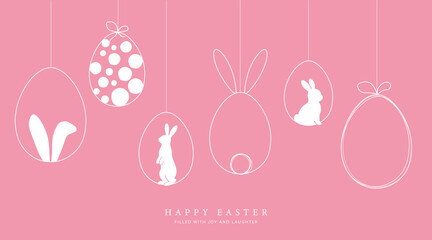 Happy Easter card with easter eggs garland and rabbit. Simple vector decoration design.