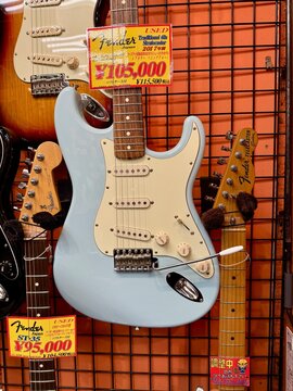 Tokyo, Japan - January 18, 2026: Fender Stratocaster electric guitar displayed at the Second hand or used guitar shops at the famous guitar street in Ochanomizu neighborhood