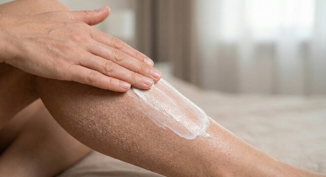 Applying moisturizing cream to leg with keratosis pilaris