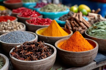 Fototapeta premium Colorful various spices and herbs on market stall