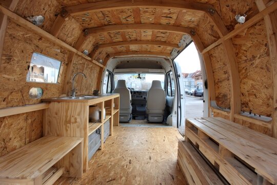 Diy van conversion interior with wood paneling
