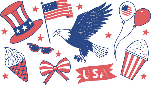 4th of July Sublimation Clipart SVG Bundle.
Large 4th of July clipart bundle illustration, patriotic USA themed elements arranged in a collage layout, vibrant red white and blue color palette,