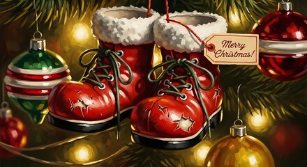 Festive Christmas Boots Ornament Display with Holiday Lights and Baubles.