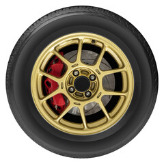 Obraz premium Golden car wheel with red caliper brake disc on tire