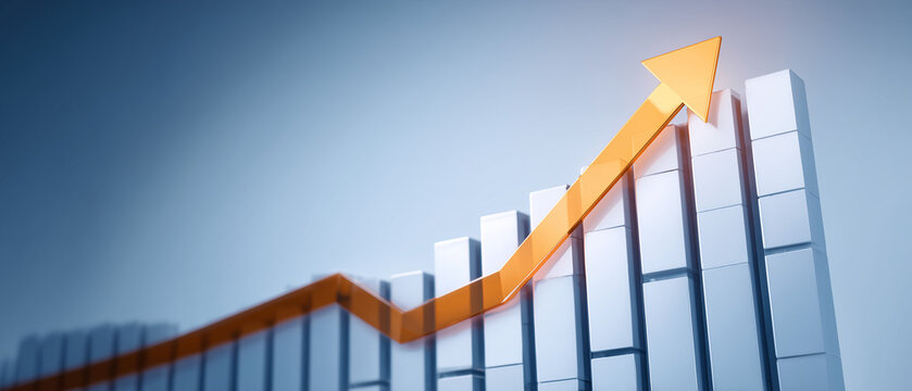 Conceito de an&aacute;lise financeira com barras e seta ascendente, simbolizando crescimento de mercado, rentabilidade, lucro e expans&atilde;o empresarial