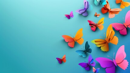 Naklejka premium Colorful paper butterflies in various shades scatter across a serene blue background