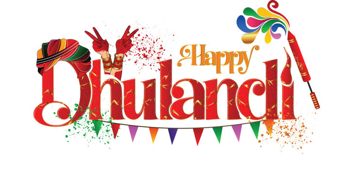 Happy Dhulandi Typography with Rajasthani Turban and Water Gun, Indian Holi Festival Vector Illustration for Greeting Cards and Posters