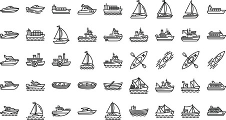 Boat and Ship Outline Icon Set Hand Drawn Vector Collection Featuring Sailboats Yachts Ferries and Maritime Vessels © pappa