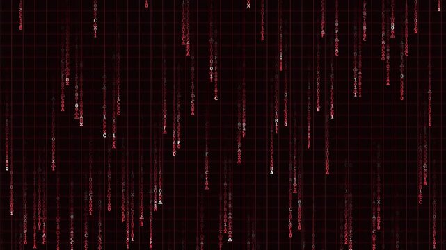 Red Matrix Data Rain Cyber Security Threat Alert, Firewall Under Attack, Red Warning Code Cascade Loop, System Breach Concept