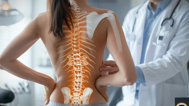 A healthcare professional conducts a meticulous spine examination on a patient in a contemporary medical setting, referencing a detailed anatomical illustration during a consultation