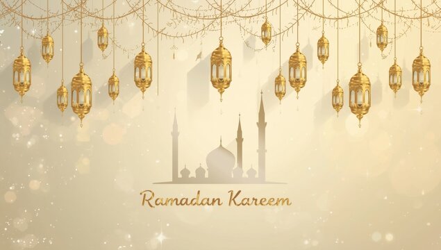 Ramadan Kareem greeting card with golden lanterns and mosque silhouette Islamic greeting festive background