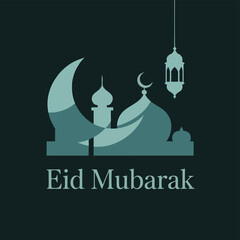 A stylized illustration depicts a crescent moon mosque and lantern for eid mubarak greetings high quality © Sadhin07