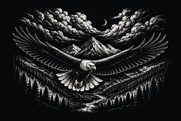 Majestic eagle soaring with wings spread wide over a deep mountain valley, epic nature landscape hand drawn scratchboard line art vector illustration. © Chairul