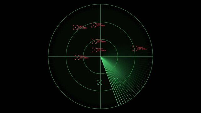 Green Tactical Radar Scanning for Enemy Threats, Military HUD Interface, Radar Sweep Detecting and Locking on Targets, Green Display Tracking Red Threat Coordinates