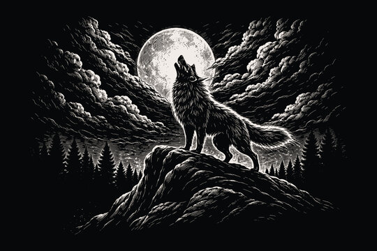 Majestic wolf howling on a rocky peak under a large full moon and cloudy sky, wilderness night scene hand drawn scratchboard line art vector illustration.