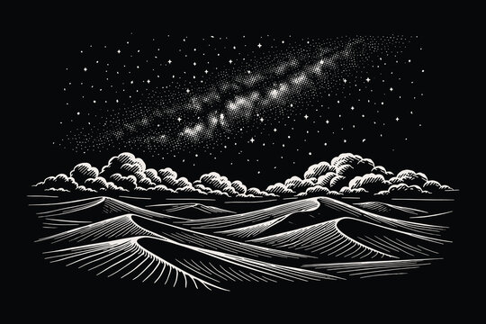 Serene desert sand dunes under a vast milky way galaxy and starry night sky, celestial nature landscape hand drawn scratchboard line art vector illustration.