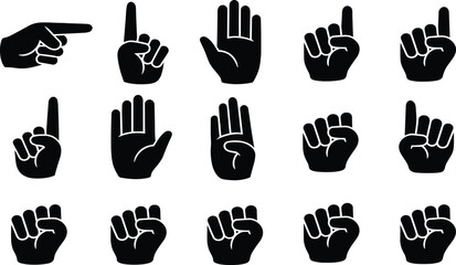 Hand gesture icon set featuring pointing, counting, and fist symbols, professional cad drawing flat vector illustration for communication design and interface navigation. © Shree