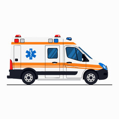 Cartoon ambulance illustration with orange stripes and a blue star of life emergency medical service vehicle for patient transport
