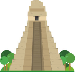 Great Jaguar Temple in Tikal, Guatemala, isolated on white background vector illustration. Monuments and landmarks Series