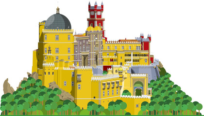 Pena Palace in Sintra, Portugal, isolated on white background vector illustration. Monuments and landmarks Series