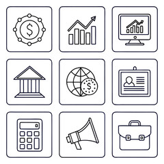 Business and finance line icons arranged in a grid