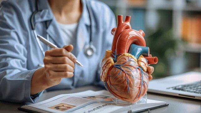 A healthcare provider, clad in medical scrubs, attentively examines an anatomical heart model during a patient consultation, illustrating key healthcare concepts in a hospital setting