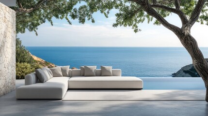 Obraz premium Modern outdoor living area overlooking a tranquil ocean