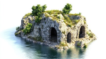 Island with ancient stone ruins, lush vegetation