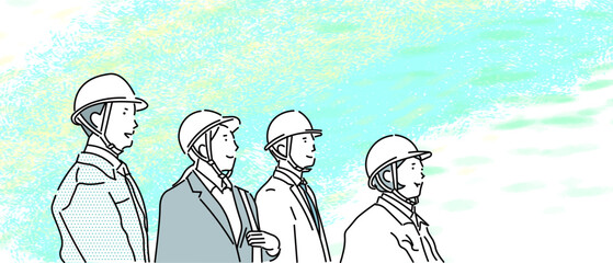 ヘルメットと作業着を着たビジネスパーソンーチームー明るい未来を夢見る男女ーシンプル線画イラスト素材