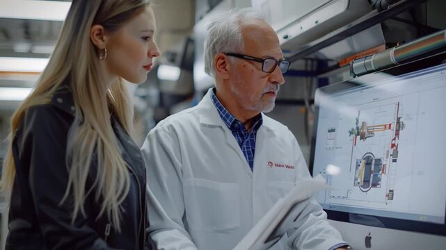 A junior engineer and seasoned mentor intensely discuss technical blueprints amidst lab machinery, exchanging knowledge on innovative engineering practices and methods in a collaborative