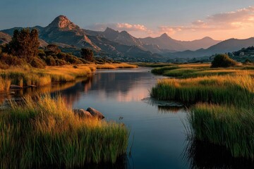 Fototapeta premium A peaceful wetland with reeds, clear reflections, and distant mountains under a golden sky