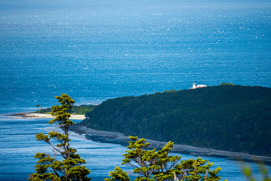 lighthouse in the Strait of Magellan coast seeing from a mountain
