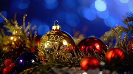 Gold and Red Christmas Ornaments with Sparkling Blue Background