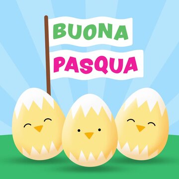 Sweet Cartoon Animation of 3 Easter Egg Chickens with Italian Happy Easter Text (Buona Pasqua) in Wavy Banner Flag in a Spring Landscape with Sunburst - 4K Square Seamless Loop Video