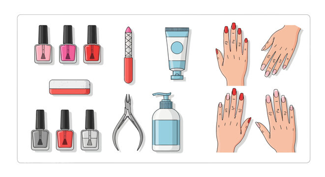 Collection of nail polish bottles, manicure tools and hands showing nail care, concept for beauty salon advertisement, cosmetic product guide and spa service promotion