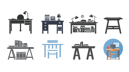 Fototapeta premium Flat learning desk glyph icon in solid stencil vector, minimalist study table illustration with clean lines isolated on white background, simple educational furniture symbol for school, home, and offi