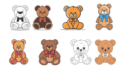Obraz premium Flat style teddy bear with bow line art, cute minimalist stuffed animal illustration isolated on white background, simple vector design for children, toy, and nursery decoration concept