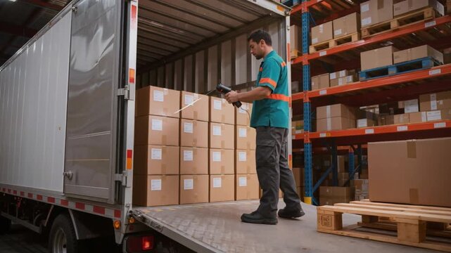 A logistics warehouse worker swiftly scans a pallet's barcode with a handheld scanner, verifying freight details before loading neatly stacked boxes into an open truck trailer